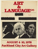Artist: Smith, Terry. | Title: Art & Language (P). Piggy Cur Prefect / August 4-10, 1976 Auckland City Art Gallery | Date: 1976 | Technique: screenprint, printed in colour, from two stencils;  with subsequent black pigment obscuring text.