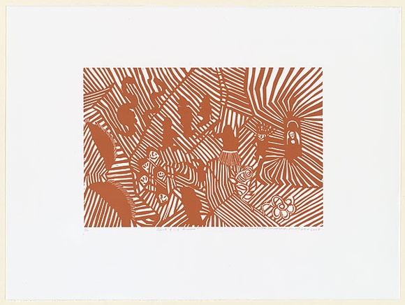 Artist: b'Thompson, Maureen.' | Title: b'Spirit of my ancestors' | Date: c.2001 | Technique: b'linocut, printed in brown ink, from one block' Artist: b'Thompson, Maureen.' | Title: b'Spirit of my ancestors' | Date: c.2001 | Technique: b'linocut, printed in brown ink, from one block'