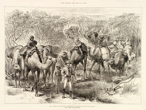 Artist: b'Young, Jesse.' | Title: b'The Australian exploring expedition travelling through the scrub' | Date: c.1876 | Technique: b'wood-engraving, printed in black ink, from one block' Artist: b'Young, Jesse.' | Title: b'The Australian exploring expedition travelling through the scrub' | Date: c.1876 | Technique: b'wood-engraving, printed in black ink, from one block'