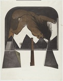Artist: BALDESSIN, George | Title: Personage and window II. | Date: 1972 | Technique: etching and aquatint, printed in black ink, from four shaped plates; over stencil, printed in colour ink, from five stencils.