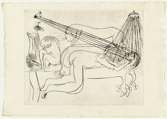 Artist: b'BOYD, Arthur' | Title: b'Hypnotist with nude, bath and beast.' | Date: (1968-69) | Technique: b'drypoint, printed in black ink, from one plate' | Copyright: b'Reproduced with permission of Bundanon Trust' Artist: b'BOYD, Arthur' | Title: b'Hypnotist with nude, bath and beast.' | Date: (1968-69) | Technique: b'drypoint, printed in black ink, from one plate' | Copyright: b'Reproduced with permission of Bundanon Trust'