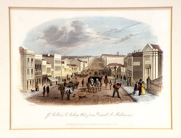 Title: b'Gt. Collins St., looking West from Russell St., Melbourne' | Date: 1857 | Technique: b'engraving, hand-coloured' Title: b'Gt. Collins St., looking West from Russell St., Melbourne' | Date: 1857 | Technique: b'engraving, hand-coloured'