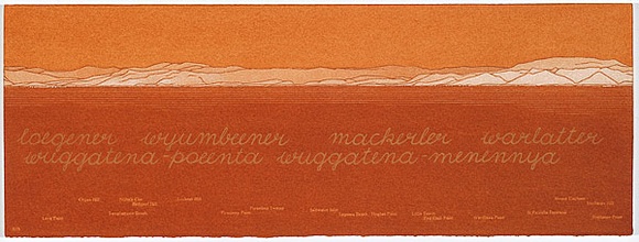 Artist: b'MADDOCK, Bea' | Title: b'Terra Spiritus...with a darker shade of pale' | Date: 1993-98 | Technique: b'stencil print, printed in hand-ground Launceston ochre from multiple hand-cut mylar stencils; letterpress text blind printed; hand-drawn script' Artist: b'MADDOCK, Bea' | Title: b'Terra Spiritus...with a darker shade of pale' | Date: 1993-98 | Technique: b'stencil print, printed in hand-ground Launceston ochre from multiple hand-cut mylar stencils; letterpress text blind printed; hand-drawn script'