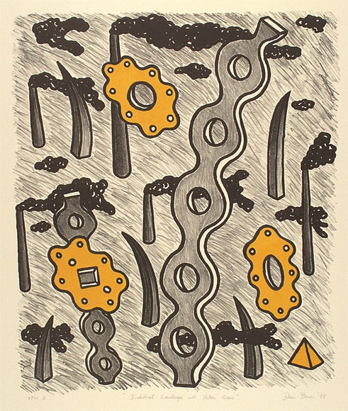 Artist: b'Bowen, Dean.' | Title: b'Industrial landscape with yellow gears' | Date: 1988 | Technique: b'lithograph, printed in yellow and black ink, from two stones' Artist: b'Bowen, Dean.' | Title: b'Industrial landscape with yellow gears' | Date: 1988 | Technique: b'lithograph, printed in yellow and black ink, from two stones'