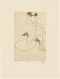 Artist: Olsen, John. | Title: Emus by the lake | Date: 1975 | Technique: etching, printed in brown ink with plate-tone, from one zinc plate | Copyright: © John Olsen. Licensed by VISCOPY, Australia