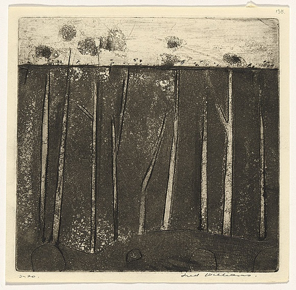 Artist: b'WILLIAMS, Fred' | Title: b'Gum trees at Colo Vale' | Date: 1958 | Technique: b'etching, aquatint, engraving and drypoint, printed in black ink, from one copper plate' | Copyright: b'\xc2\xa9 Fred Williams Estate' Artist: b'WILLIAMS, Fred' | Title: b'Gum trees at Colo Vale' | Date: 1958 | Technique: b'etching, aquatint, engraving and drypoint, printed in black ink, from one copper plate' | Copyright: b'\xc2\xa9 Fred Williams Estate'
