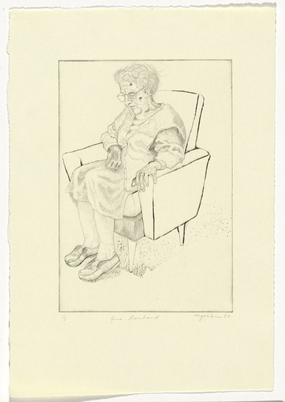 Artist: b'Myshkin, Tanya.' | Title: b'June Lombard' | Date: 1989 | Technique: b'drypoint, printed in black ink, from one zinc plate' Artist: b'Myshkin, Tanya.' | Title: b'June Lombard' | Date: 1989 | Technique: b'drypoint, printed in black ink, from one zinc plate'