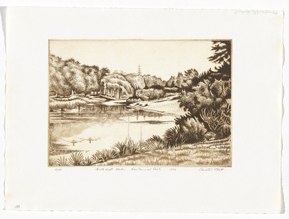Artist: b'PLATT, Austin' | Title: b'South-west lake, Centennial Park' | Date: 1984 | Technique: b'etching, printed in black ink, from one plate' Artist: b'PLATT, Austin' | Title: b'South-west lake, Centennial Park' | Date: 1984 | Technique: b'etching, printed in black ink, from one plate'
