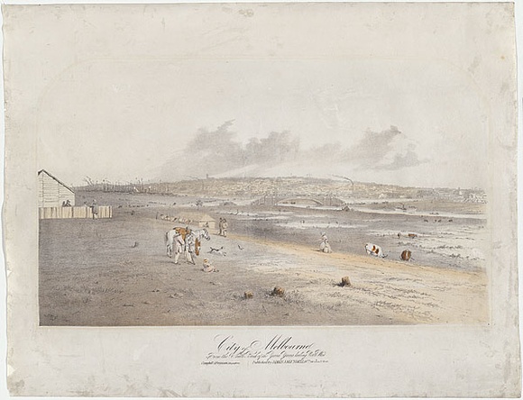 Artist: b'GILL, S.T.' | Title: b'City of Melbourne from the South Bank of the Yarra Yarra looking North West.' | Date: 1854 | Technique: b'lithograph, printed in black ink, from one stone; hand-coloured' Artist: b'GILL, S.T.' | Title: b'City of Melbourne from the South Bank of the Yarra Yarra looking North West.' | Date: 1854 | Technique: b'lithograph, printed in black ink, from one stone; hand-coloured'