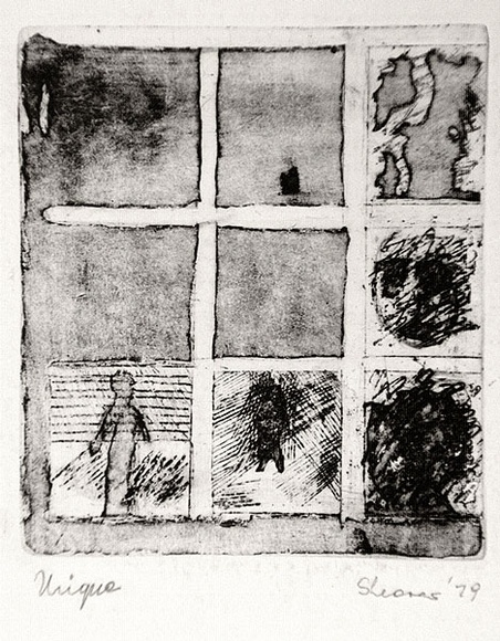Artist: b'Shearer, Mitzi.' | Title: b'See through a window darkly' | Date: 1979 | Technique: b'etching and aquatint, printed in black ink, from one plate' Artist: b'Shearer, Mitzi.' | Title: b'See through a window darkly' | Date: 1979 | Technique: b'etching and aquatint, printed in black ink, from one plate'