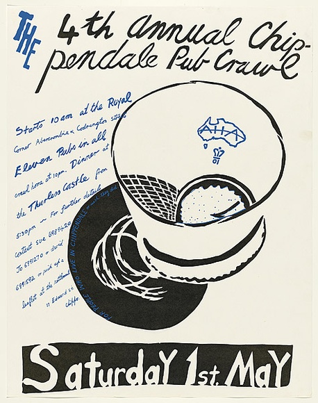 Artist: b'WORSTEAD, Paul' | Title: b'The fourth Annual Chippendale Pub Crawl ... Saturday 1st. May' | Date: 1976 | Technique: b'screenprint, printed in colour, from multiple stencils' | Copyright: b'This work appears on screen courtesy of the artist' Artist: b'WORSTEAD, Paul' | Title: b'The fourth Annual Chippendale Pub Crawl ... Saturday 1st. May' | Date: 1976 | Technique: b'screenprint, printed in colour, from multiple stencils' | Copyright: b'This work appears on screen courtesy of the artist'