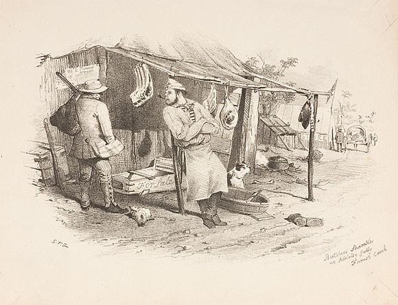 Artist: b'GILL, S.T.' | Title: b'Butchers shamble near Adelaide Gully, Forrest Creek.' | Date: 1852 | Technique: b'lithograph, printed in black ink, from one stone' Artist: b'GILL, S.T.' | Title: b'Butchers shamble near Adelaide Gully, Forrest Creek.' | Date: 1852 | Technique: b'lithograph, printed in black ink, from one stone'