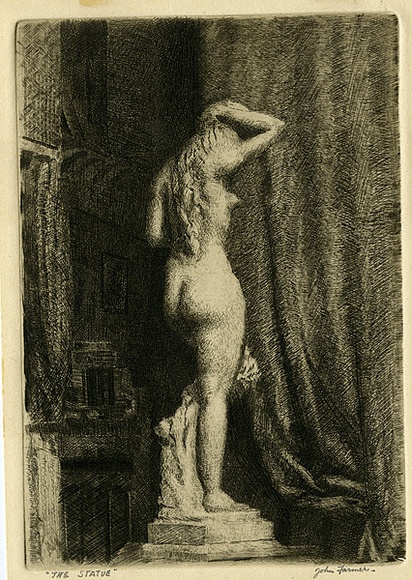 Artist: b'Farmer, John.' | Title: b'The statue.' | Date: c.1960 | Technique: b'etching, printedin black ink, from one plate' Artist: b'Farmer, John.' | Title: b'The statue.' | Date: c.1960 | Technique: b'etching, printedin black ink, from one plate'