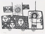 Artist: Kauage, Mathias. | Title: Man draivim tripela memba bilong hailans  [Man driving three Highlands members of parliament] | Date: c.1975 | Technique: screenprint, printed in black ink, from one stencil