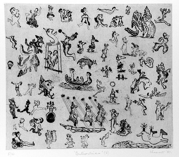 Artist: b'Shearer, Mitzi.' | Title: b'Bulliwutzies 2' | Date: 1980 | Technique: b'etching, foul bite, printed in black ink with plate-tone, from one plate' Artist: b'Shearer, Mitzi.' | Title: b'Bulliwutzies 2' | Date: 1980 | Technique: b'etching, foul bite, printed in black ink with plate-tone, from one plate'