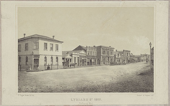 Artist: b'Cogne, Francois.' | Title: b'Lydiard St, Ballarat West 1859.' | Date: 1859 | Technique: b'lithograph, printed in colour, from two stones (black image, buff tint-stone)' Artist: b'Cogne, Francois.' | Title: b'Lydiard St, Ballarat West 1859.' | Date: 1859 | Technique: b'lithograph, printed in colour, from two stones (black image, buff tint-stone)'