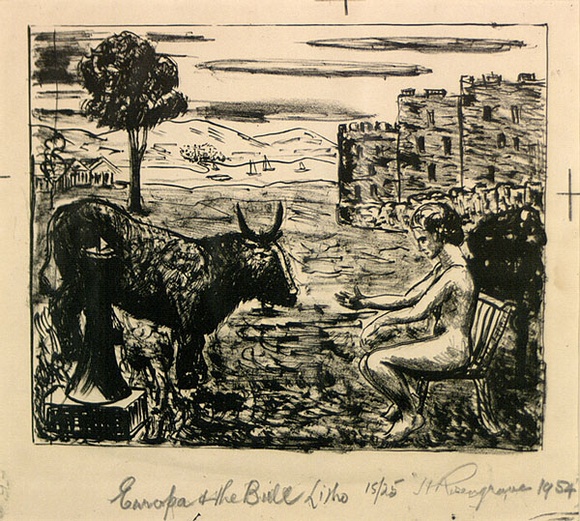 Artist: b'ROSENGRAVE, Harry' | Title: b'Europa and the bull' | Date: 1954 | Technique: b'lithograph, printed in black ink, from one stone' Artist: b'ROSENGRAVE, Harry' | Title: b'Europa and the bull' | Date: 1954 | Technique: b'lithograph, printed in black ink, from one stone'