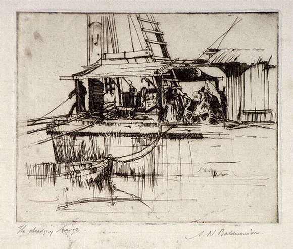 Artist: b'Baldwinson, Arthur.' | Title: b'The dredging barge.' | Date: (1920s) | Technique: b'etching, printed in dark brown ink with plate-tone, from one plate' Artist: b'Baldwinson, Arthur.' | Title: b'The dredging barge.' | Date: (1920s) | Technique: b'etching, printed in dark brown ink with plate-tone, from one plate'