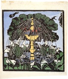 Artist: PRESTON, Margaret | Title: Bird fountain | Date: 1925 | Technique: woodcut, printed in black ink, from one block; hand-coloured | Copyright: © Margaret Preston. Licensed by VISCOPY, Australia