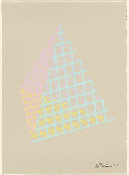 Artist: b'Flugelman, Bert.' | Title: b'(Pyramid in mesh).' | Date: 1972 | Technique: b'screenprint, printed in colour, from four stencil' | Copyright: b'\xc2\xa9 Bert Flugelman' Artist: b'Flugelman, Bert.' | Title: b'(Pyramid in mesh).' | Date: 1972 | Technique: b'screenprint, printed in colour, from four stencil' | Copyright: b'\xc2\xa9 Bert Flugelman'