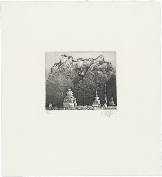 Artist: b'SCHMEISSER, Jorg' | Title: b'Village and Chorten' | Date: 1985 | Technique: b'etching and aquatint, printed in black ink, from one plate' | Copyright: b'\xc2\xa9 J\xc3\xb6rg Schmeisser' Artist: b'SCHMEISSER, Jorg' | Title: b'Village and Chorten' | Date: 1985 | Technique: b'etching and aquatint, printed in black ink, from one plate' | Copyright: b'\xc2\xa9 J\xc3\xb6rg Schmeisser'