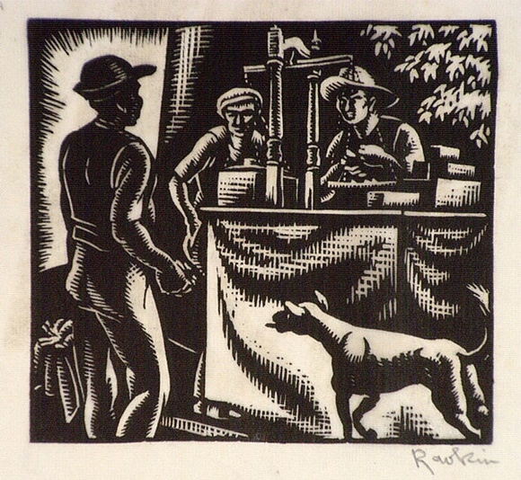 Artist: b'Hawkins, Weaver.' | Title: b'(Three men with a pair of scales)' | Date: c.1930 | Technique: b'wood-engraving, printed in black ink, from one block' | Copyright: b'The Estate of H.F Weaver Hawkins' Artist: b'Hawkins, Weaver.' | Title: b'(Three men with a pair of scales)' | Date: c.1930 | Technique: b'wood-engraving, printed in black ink, from one block' | Copyright: b'The Estate of H.F Weaver Hawkins'