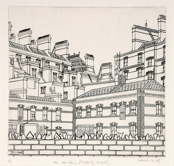 Artist: b'Coventry, Frederick.' | Title: b'The barbaric property wall.' | Date: 1929-30 | Technique: b'engraving, printed in black ink, from one copper plate' Artist: b'Coventry, Frederick.' | Title: b'The barbaric property wall.' | Date: 1929-30 | Technique: b'engraving, printed in black ink, from one copper plate'