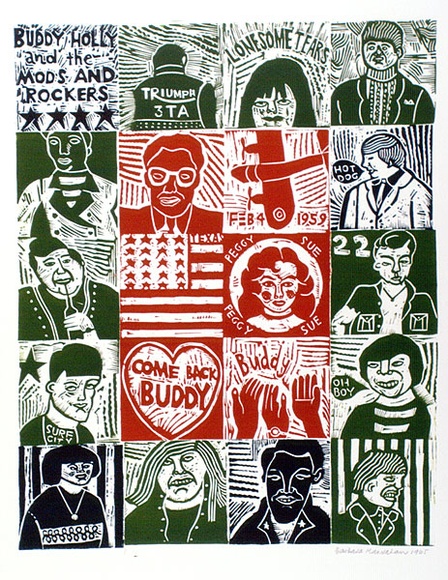 Artist: b'HANRAHAN, Barbara' | Title: b'Buddy Holly and the Mods and Rockers' | Date: 1965 | Technique: b'linocut, printed in colour from two blocks, each approx. 10.two cm each separately inked and place in a grid before printing' Artist: b'HANRAHAN, Barbara' | Title: b'Buddy Holly and the Mods and Rockers' | Date: 1965 | Technique: b'linocut, printed in colour from two blocks, each approx. 10.two cm each separately inked and place in a grid before printing'