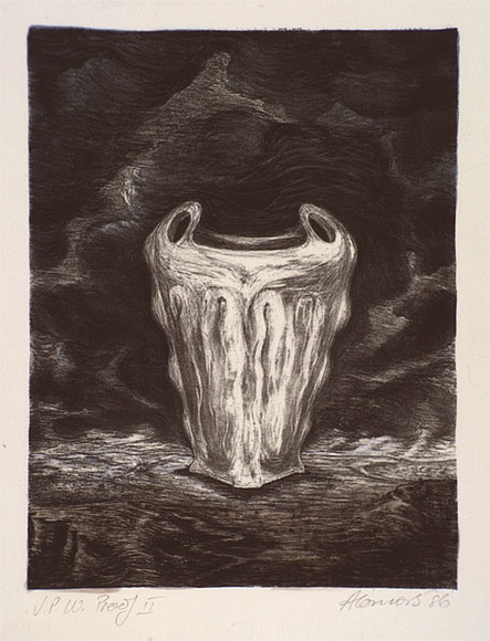 Artist: b'Connors, Anne.' | Title: b'not titled (skull-like vessel)' | Date: 1986 | Technique: b'lithograph, printed in black ink, from one stone; handcoloured in watercolour' Artist: b'Connors, Anne.' | Title: b'not titled (skull-like vessel)' | Date: 1986 | Technique: b'lithograph, printed in black ink, from one stone; handcoloured in watercolour'