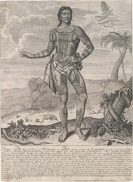 Artist: b'Savage, John.' | Title: b'Prince Giolo, Son to the King of Moangis or Gilolo: lying under the Equator in the Long; of 152 Deg. 30 Min. a fruitful island abounding with rich spices and other valuable commodities...' | Date: 1692 | Technique: b'engraving, printed in black ink, from one copper plate' Artist: b'Savage, John.' | Title: b'Prince Giolo, Son to the King of Moangis or Gilolo: lying under the Equator in the Long; of 152 Deg. 30 Min. a fruitful island abounding with rich spices and other valuable commodities...' | Date: 1692 | Technique: b'engraving, printed in black ink, from one copper plate'