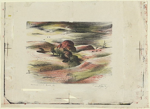 Artist: b'Jack, Kenneth.' | Title: b'Korkuperrimul Creek, Victoria' | Date: 1953 | Technique: b'lithograph, printed in colour, from three zinc plates' | Copyright: b'\xc2\xa9 Kenneth Jack. Licensed by VISCOPY, Australia' Artist: b'Jack, Kenneth.' | Title: b'Korkuperrimul Creek, Victoria' | Date: 1953 | Technique: b'lithograph, printed in colour, from three zinc plates' | Copyright: b'\xc2\xa9 Kenneth Jack. Licensed by VISCOPY, Australia'