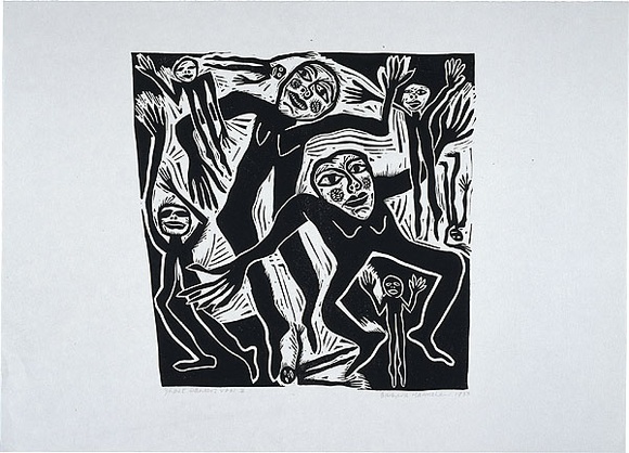 Artist: b'HANRAHAN, Barbara' | Title: b'Ghost dancers' | Date: 1989 | Technique: b'linocut, printed in black ink, from one block' Artist: b'HANRAHAN, Barbara' | Title: b'Ghost dancers' | Date: 1989 | Technique: b'linocut, printed in black ink, from one block'