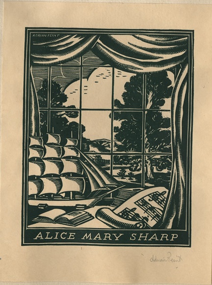 Artist: b'FEINT, Adrian' | Title: b'Bookplate: Alice Mary Sharp.' | Date: (1936) | Technique: b'wood-engraving, printed in green ink, from one block' | Copyright: b'Courtesy the Estate of Adrian Feint' Artist: b'FEINT, Adrian' | Title: b'Bookplate: Alice Mary Sharp.' | Date: (1936) | Technique: b'wood-engraving, printed in green ink, from one block' | Copyright: b'Courtesy the Estate of Adrian Feint'