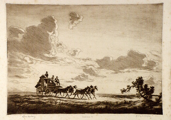 Artist: b'LINDSAY, Lionel' | Title: b'Cobb and Co' | Date: 1925 | Technique: b'drypoint and etching, printed in brown ink with plate-tone, from one plate' | Copyright: b'Courtesy of the National Library of Australia' Artist: b'LINDSAY, Lionel' | Title: b'Cobb and Co' | Date: 1925 | Technique: b'drypoint and etching, printed in brown ink with plate-tone, from one plate' | Copyright: b'Courtesy of the National Library of Australia'