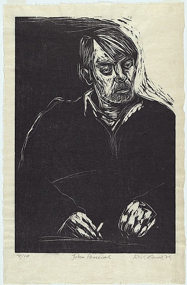Artist: b'AMOR, Rick' | Title: b'John Perceval.' | Date: 1989 | Technique: b'woodcut, printed in black ink, from one block' | Copyright: b'Image reproduced courtesy the artist and Niagara Galleries, Melbourne' Artist: b'AMOR, Rick' | Title: b'John Perceval.' | Date: 1989 | Technique: b'woodcut, printed in black ink, from one block' | Copyright: b'Image reproduced courtesy the artist and Niagara Galleries, Melbourne'