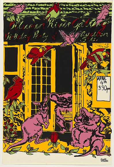 Artist: b'Megalo Grafix.' | Title: b'Bitumen River Gallery Birthday Party and Auction Sale.' | Date: 1982 | Technique: b'screenprint, printed in colour, from five stencils' Artist: b'Megalo Grafix.' | Title: b'Bitumen River Gallery Birthday Party and Auction Sale.' | Date: 1982 | Technique: b'screenprint, printed in colour, from five stencils'