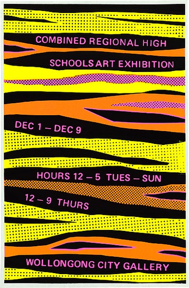 Artist: b'REDBACK GRAPHIX' | Title: b'Combined Regional High Schools Art Exhibition.' | Date: 1984 | Technique: b'screenprint, printed in colour, from three stencils' | Copyright: b'\xc2\xa9 Michael Callaghan' Artist: b'REDBACK GRAPHIX' | Title: b'Combined Regional High Schools Art Exhibition.' | Date: 1984 | Technique: b'screenprint, printed in colour, from three stencils' | Copyright: b'\xc2\xa9 Michael Callaghan'