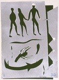 Artist: Blackman, Charles. | Title: Stencil (three figures, lobster, fish). | Date: c.1952 | Technique: hand cut paper stencil, paint