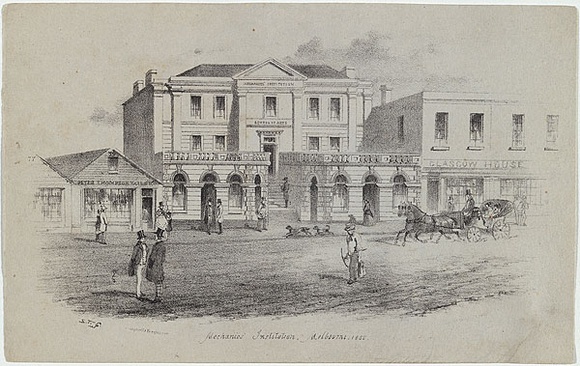 Artist: b'GILL, S.T.' | Title: bMechanic's institution, Melbourne. | Date: 1855 | Technique: b'lithograph, printed in black ink, from one stone' Artist: b'GILL, S.T.' | Title: bMechanic's institution, Melbourne. | Date: 1855 | Technique: b'lithograph, printed in black ink, from one stone'