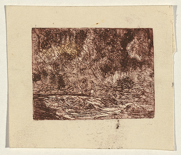 Artist: Eddy, George. | Title: not titled [landscape with people by a river]. | Date: c.1960 | Technique: etching and aquatint, printed in red ink, from one plate