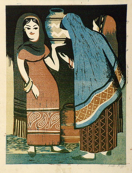 Artist: b'Higgs, Florence.' | Title: b'(Gossip)' | Date: (1954) | Technique: b'linocut, printed in colour, from four blocks'