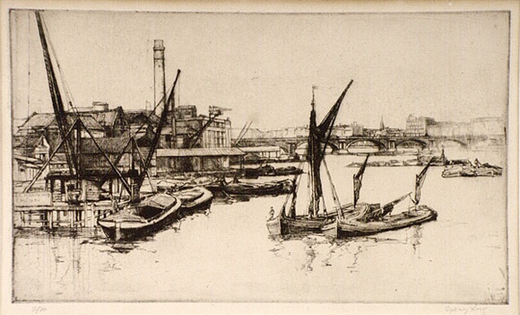 Artist: b'Long, Sydney.' | Title: b'The river from Blackfriars Bridge' | Date: 1925 | Technique: b'line-etching, drypoint, printed in black ink from one copper plate' | Copyright: b'Reproduced with the kind permission of the Ophthalmic Research Institute of Australia' Artist: b'Long, Sydney.' | Title: b'The river from Blackfriars Bridge' | Date: 1925 | Technique: b'line-etching, drypoint, printed in black ink from one copper plate' | Copyright: b'Reproduced with the kind permission of the Ophthalmic Research Institute of Australia'