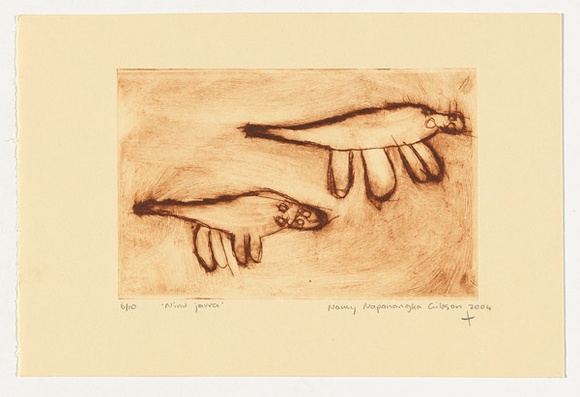 Artist: b'Napanangka Gibson, Nancy.' | Title: b'Ninu jarra' | Date: 2004 | Technique: b'drypoint etching, printed in brown ink, from one perspex plate' Artist: b'Napanangka Gibson, Nancy.' | Title: b'Ninu jarra' | Date: 2004 | Technique: b'drypoint etching, printed in brown ink, from one perspex plate'