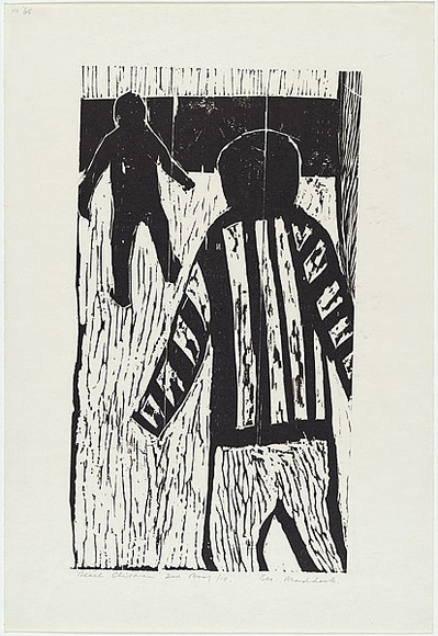 Artist: b'MADDOCK, Bea' | Title: b'Beach children.' | Date: 1964 | Technique: b'woodcut, printed in black ink, from one block' Artist: b'MADDOCK, Bea' | Title: b'Beach children.' | Date: 1964 | Technique: b'woodcut, printed in black ink, from one block'