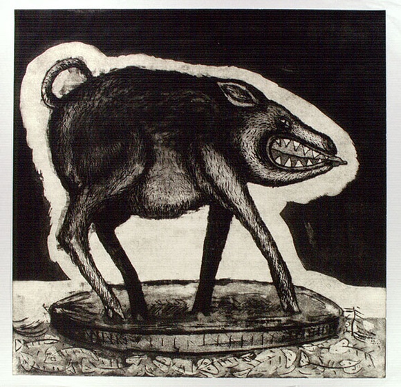 Artist: b'Milojevic, Milan.' | Title: b'Trophy' | Date: 1991 | Technique: b'etching, aquatint, printed in black ink with plate-tone, from one plate' | Copyright: b'\xc2\xa9 Milan Milojevic' Artist: b'Milojevic, Milan.' | Title: b'Trophy' | Date: 1991 | Technique: b'etching, aquatint, printed in black ink with plate-tone, from one plate' | Copyright: b'\xc2\xa9 Milan Milojevic'