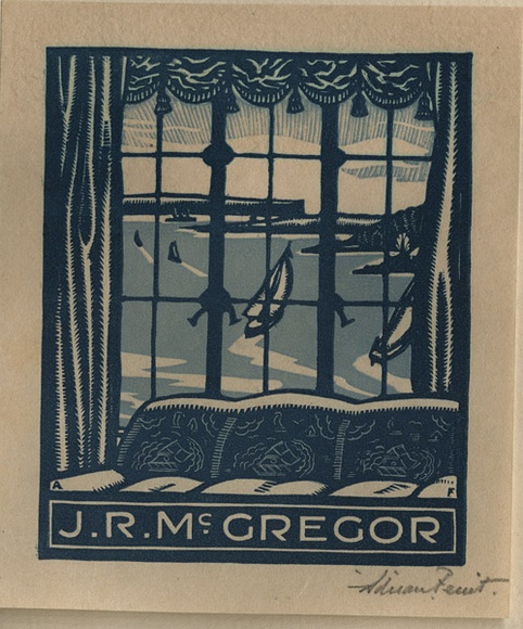 Artist: b'FEINT, Adrian' | Title: b'Bookplate: J.R. McGregor.' | Date: (1929) | Technique: b'wood-engraving, printed in colour, from two blocks in light and dark blue inks' | Copyright: b'Courtesy the Estate of Adrian Feint' Artist: b'FEINT, Adrian' | Title: b'Bookplate: J.R. McGregor.' | Date: (1929) | Technique: b'wood-engraving, printed in colour, from two blocks in light and dark blue inks' | Copyright: b'Courtesy the Estate of Adrian Feint'