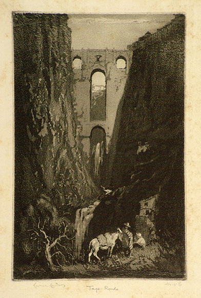 Artist: b'LINDSAY, Lionel' | Title: b'Ronda, Spain' | Date: 1924 | Technique: b'aquatint, printed in black ink, from one plate' | Copyright: b'Courtesy of the National Library of Australia' Artist: b'LINDSAY, Lionel' | Title: b'Ronda, Spain' | Date: 1924 | Technique: b'aquatint, printed in black ink, from one plate' | Copyright: b'Courtesy of the National Library of Australia'
