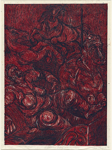 Artist: b'Thompson, Tricia.' | Title: b'Blood red fakery and invention' | Date: 1996 | Technique: b'linocut, printed in colour, from multiple blocks' Artist: b'Thompson, Tricia.' | Title: b'Blood red fakery and invention' | Date: 1996 | Technique: b'linocut, printed in colour, from multiple blocks'