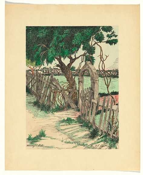 Artist: b'Leggett, E.' | Title: bMemory's gate | Date: 1938 | Technique: b'lineblock, printed in black ink, from one block; hand-coloured' Artist: b'Leggett, E.' | Title: bMemory's gate | Date: 1938 | Technique: b'lineblock, printed in black ink, from one block; hand-coloured'