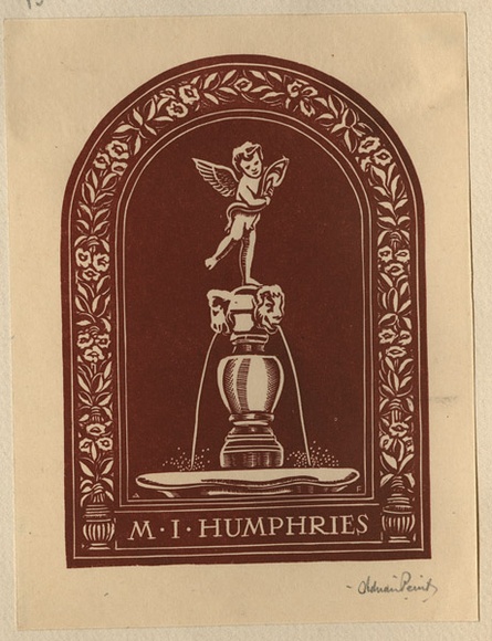 Artist: b'FEINT, Adrian' | Title: b'Bookplate: M.I. Humphries.' | Date: (1935) | Technique: b'wood-engraving, printed in brown ink, from one block' | Copyright: b'Courtesy the Estate of Adrian Feint' Artist: b'FEINT, Adrian' | Title: b'Bookplate: M.I. Humphries.' | Date: (1935) | Technique: b'wood-engraving, printed in brown ink, from one block' | Copyright: b'Courtesy the Estate of Adrian Feint'